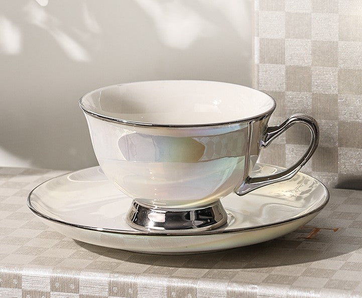 Silver Bone China Porcelain Tea Cup Set, Elegant Ceramic Coffee