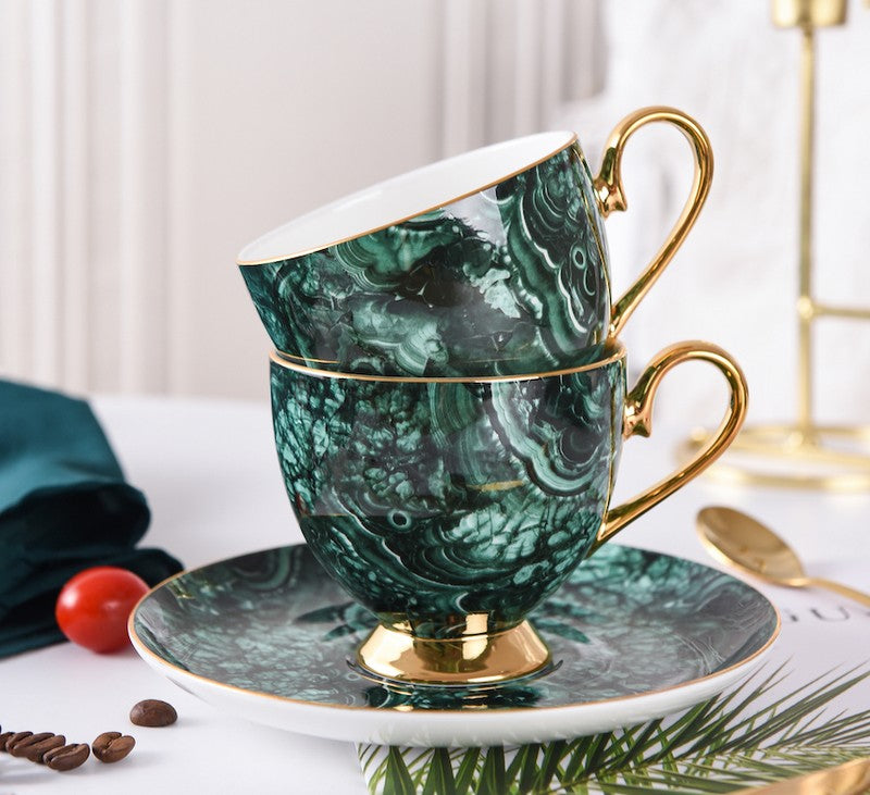 Beautiful British Green Tea Cups, Unique Porcelain Cup and Saucer, Royal Ceramic Coffee Cups, Creative Bone China Porcelain Tea Cup Set