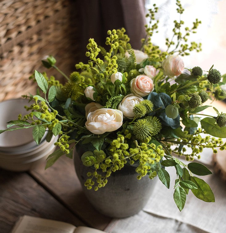Spring Flower Arrangement for Living Room. Ranunculus Asiaticus. Globe Amaranth. Botany Plants. Beautiful Modern Flower Arrangement Ideas for Home Decoration