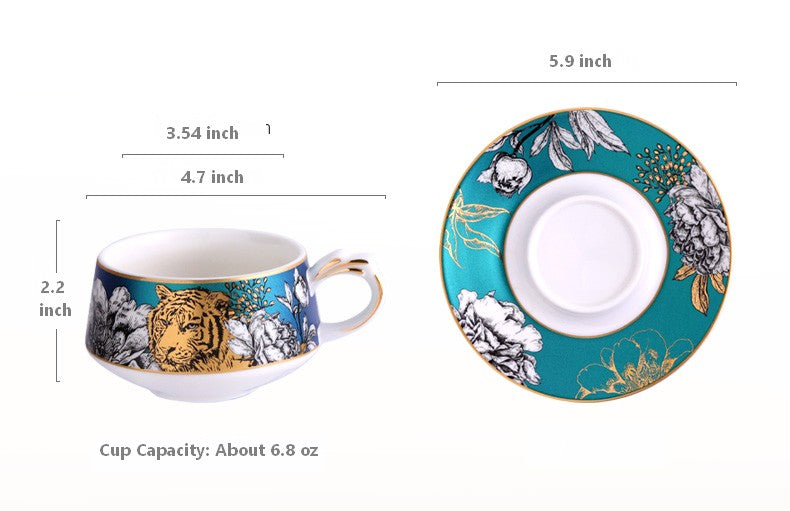 Unique Ceramic Cups with Gold Trim and Gift Box, Creative Ceramic Tea Cups and Saucers, Jungle Tiger Cheetah Porcelain Coffee Cups
