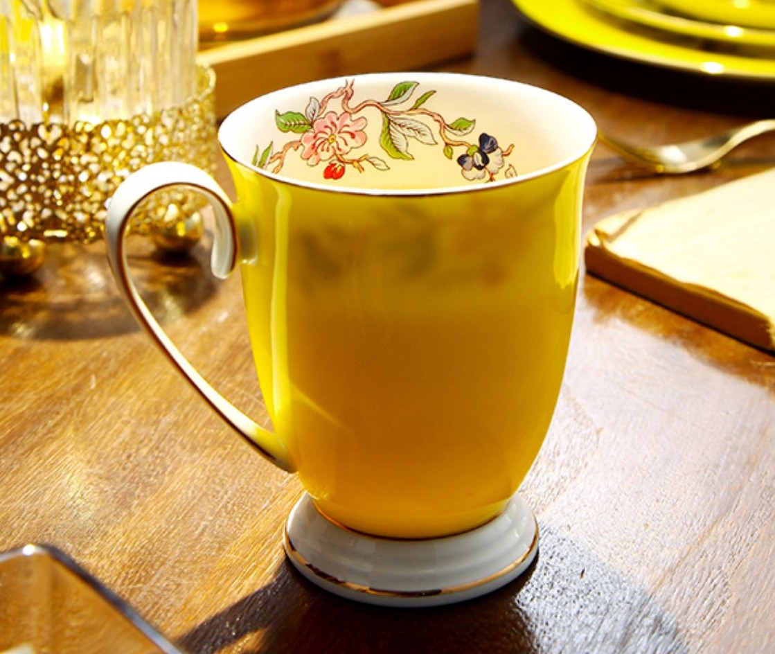 Elegant Yellow Ceramic Mug. Unique Royal Ceramic Mugs. Beautiful British Tea Cups. Creative Yellow Bone China Porcelain Tea Cup