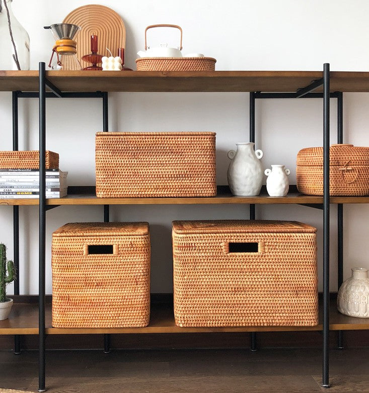 Rectangular Storage Basket with Lid, Rattan Basket, Storage Basket for Shelves, Storage Baskets for Bathroom, Bedroom Storage Baskets