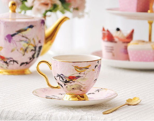 Unique Bird Flower Tea Cups and Saucers in Gift Box as Birthday Gift. Elegant Pink Ceramic Coffee Cups. Beautiful British Tea Cups. Royal Bone China Porcelain Tea Cup Set