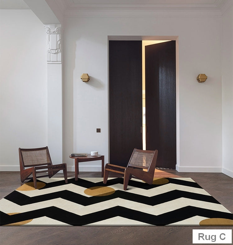 Large Black and White Geometric Modern Rugs for Dining Room, Mid Century Modern Rugs for Living Room, Contemporary Wool Rugs under Dining Room Table