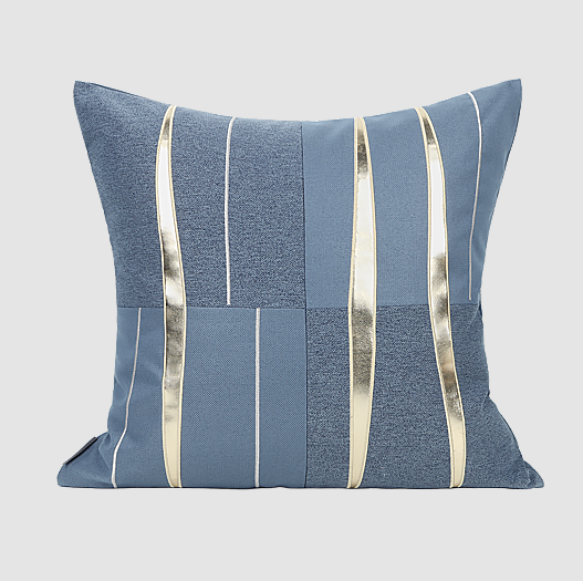 Modern Sofa Pillow for Interior Design, Modern Throw Pillows for Coffee Table, Blue Metallic Leather Trim Pillow, Square Pillow