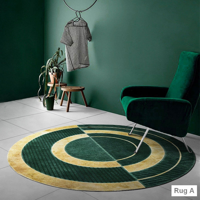 Circular Modern Rugs, Unique Bedroom Floor Carpets, Blackish Green Rugs, Round Area Rugs under Coffee Table, Contemporary Geometirc Rug Ideas for Living Room