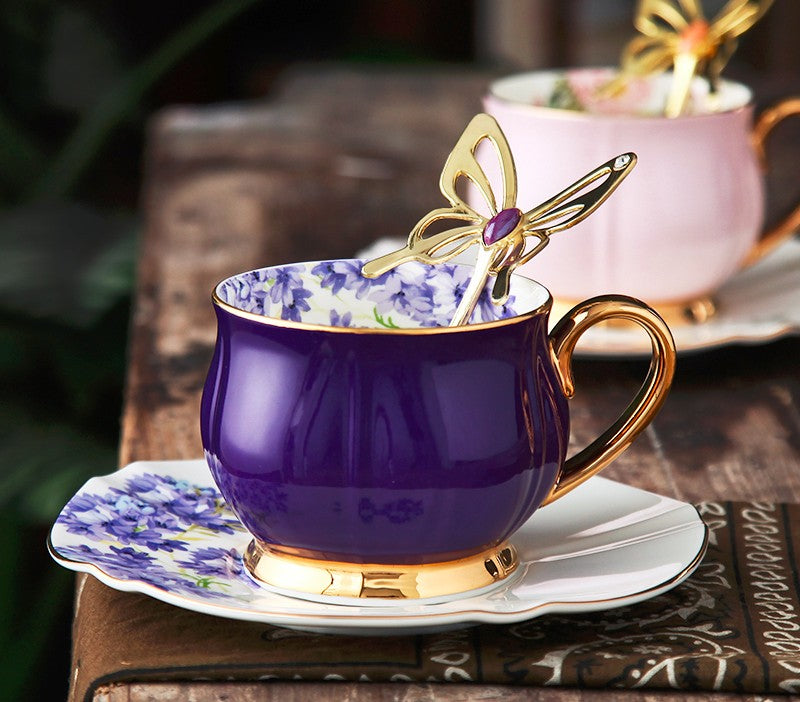 Elegant Purple Ceramic Cups. Unique Coffee Cup and Saucer in Gift Box as Birthday Gift. Beautiful British Tea Cups. Creative Bone China Porcelain Tea Cup Set