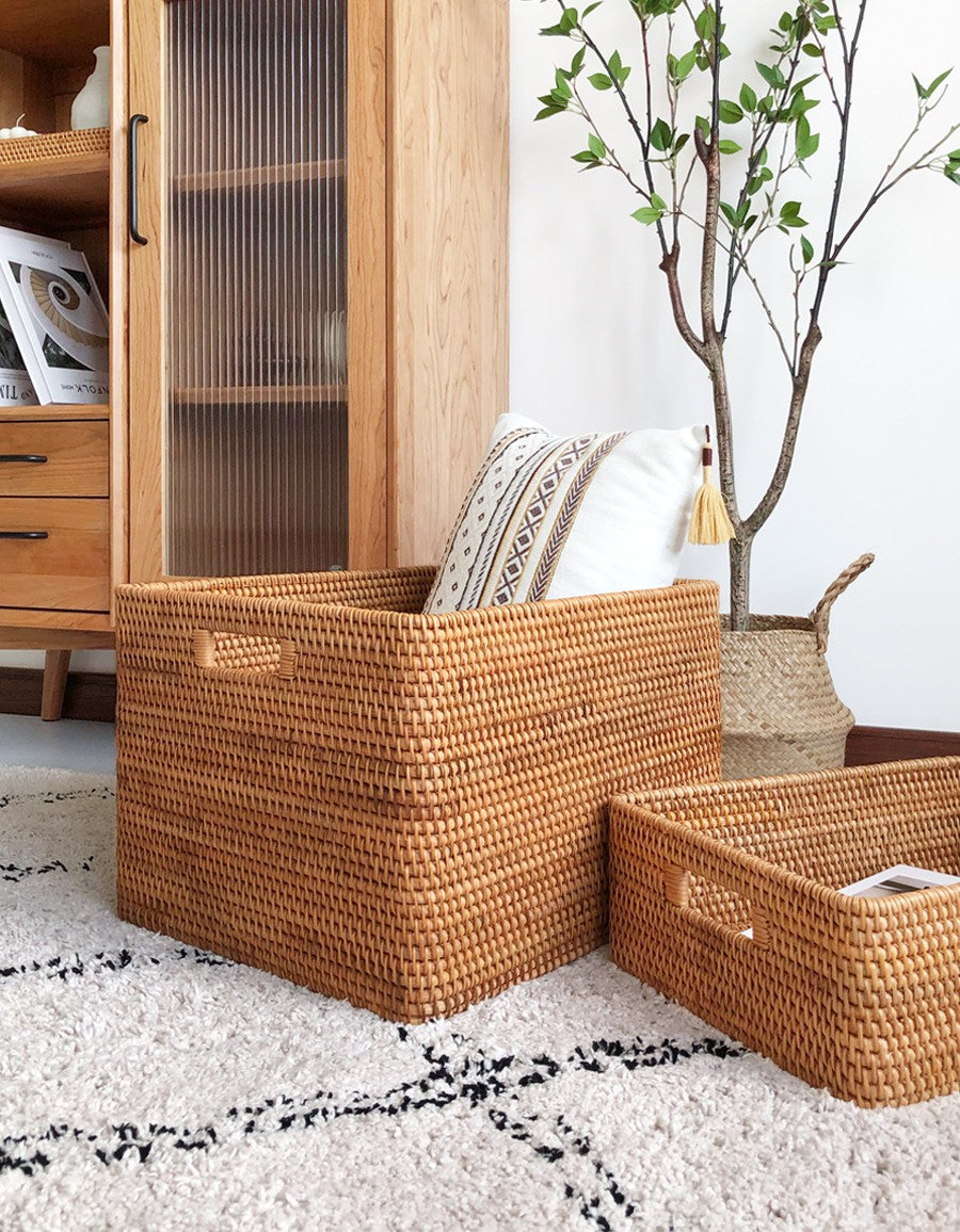 Rectangular Storage Basket with Lid, Rattan Basket, Storage Basket for Shelves, Storage Baskets for Bathroom, Bedroom Storage Baskets