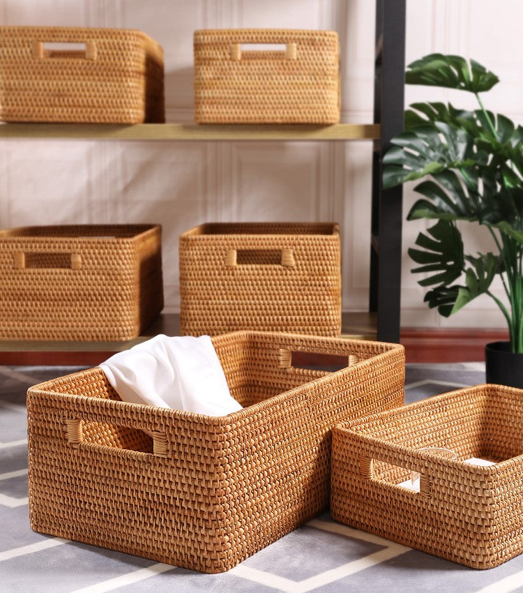Extra Large Rectangular Storage Basket, Large Storage Baskets for Clothes, Woven Rattan Storage Basket for Shelves, Storage Baskets for Kitchen