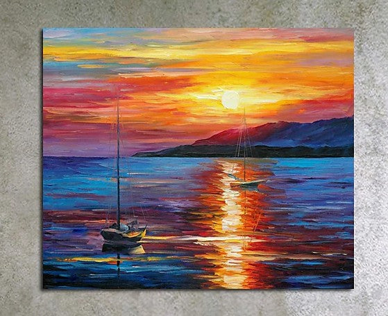 Boat Paintings, Simple Modern Art, Paintings for Living Room, Sunrise Painting, landscape Canvas Painting