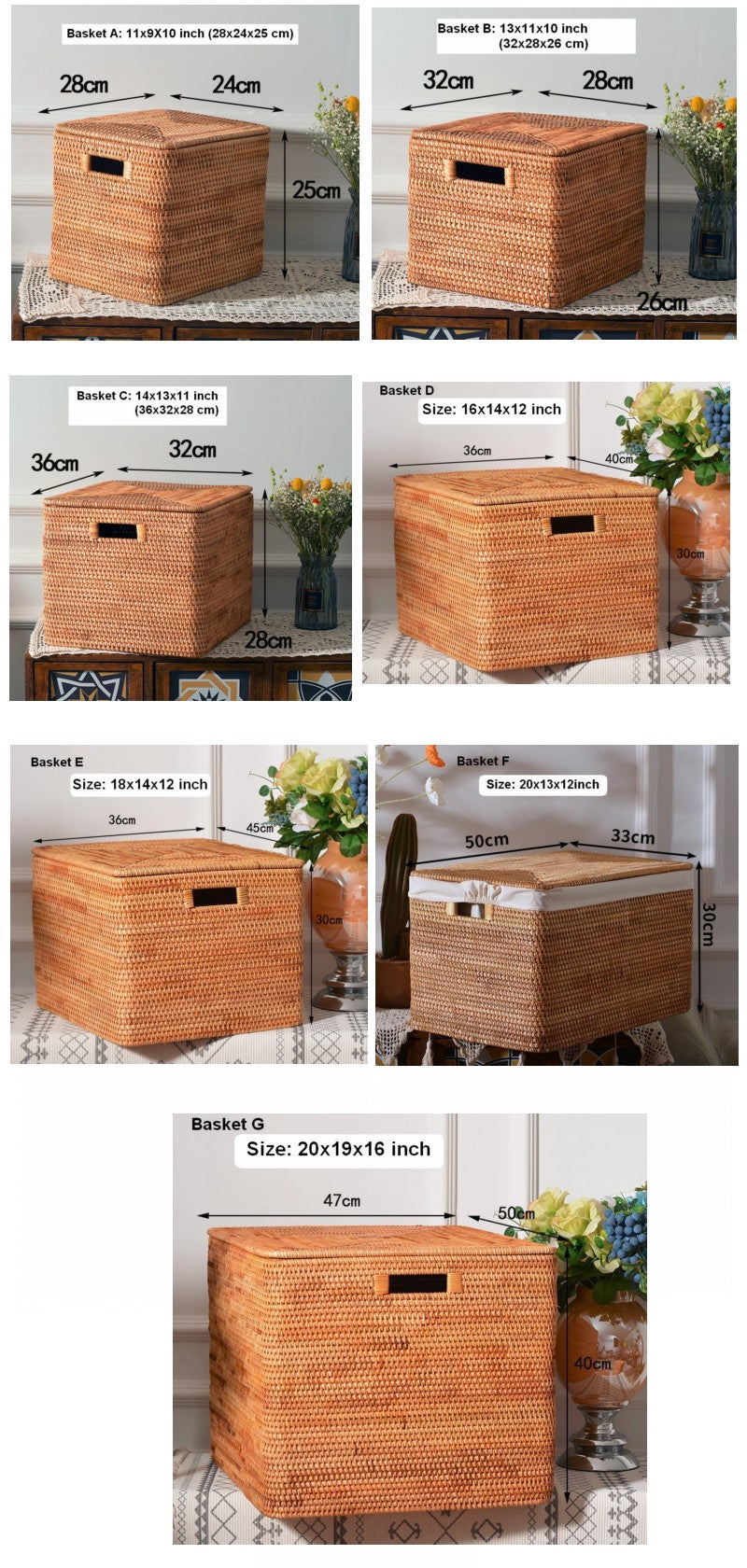 Rectangular Storage Basket with Lid, Rattan Storage Basket for Shelves, Extra Large Storage Baskets for Bedroom, Storage Baskets for Clothes