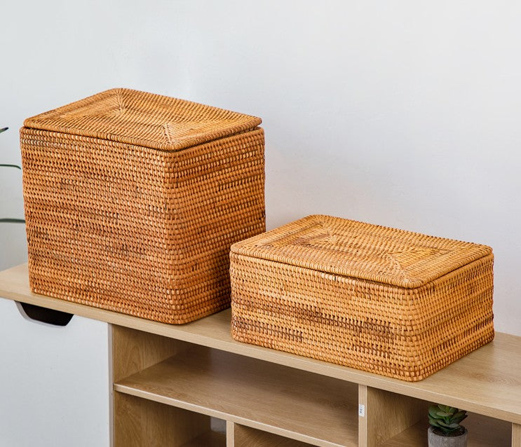 Storage Baskets with Lid, Rectangular Storage Baskets, Storage Baskets for Clothes, Pantry Storage Baskets, Rattan Woven Storage Basket