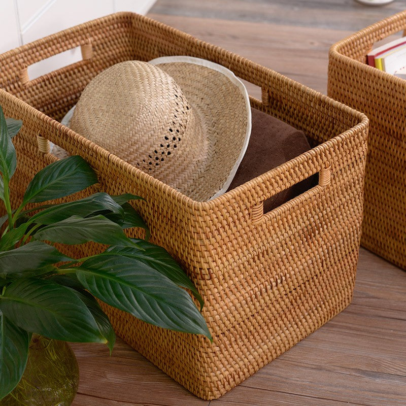 Rectangular Storage Basket with Lid, Rattan Basket, Storage Basket for Shelves, Storage Baskets for Bathroom, Bedroom Storage Baskets