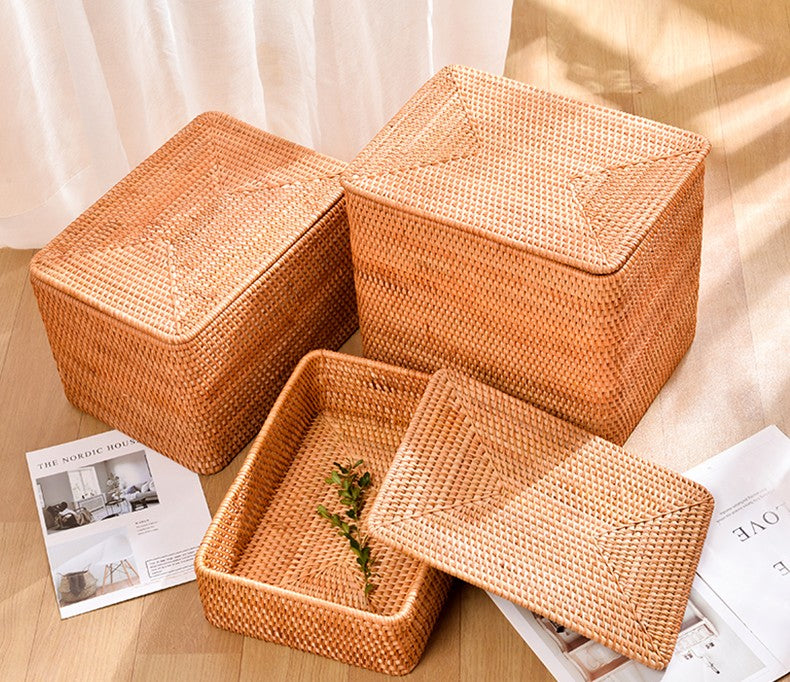 Woven Rattan Baskets, Rectangular Basket with Lid, Rectangular