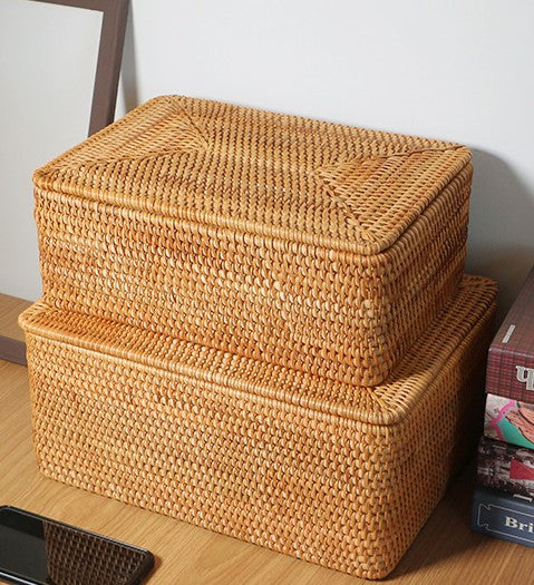 Storage Baskets with Lid, Rectangular Storage Baskets, Storage Baskets for Clothes, Pantry Storage Baskets, Rattan Woven Storage Basket