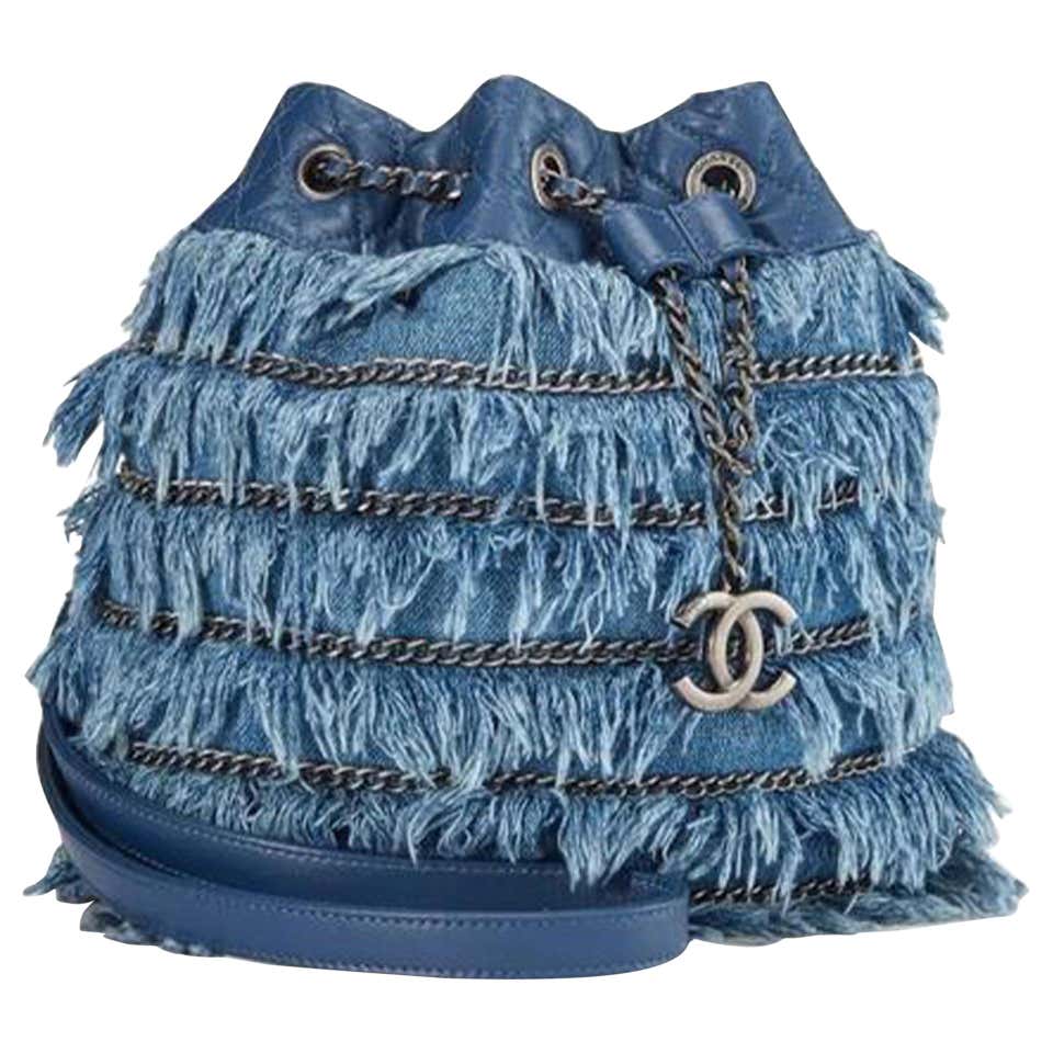 Chanel Drawstring Bucket Cruise 2015 Tweed Fringe & Lambskin Mini Blue Denim Shoulder Bag