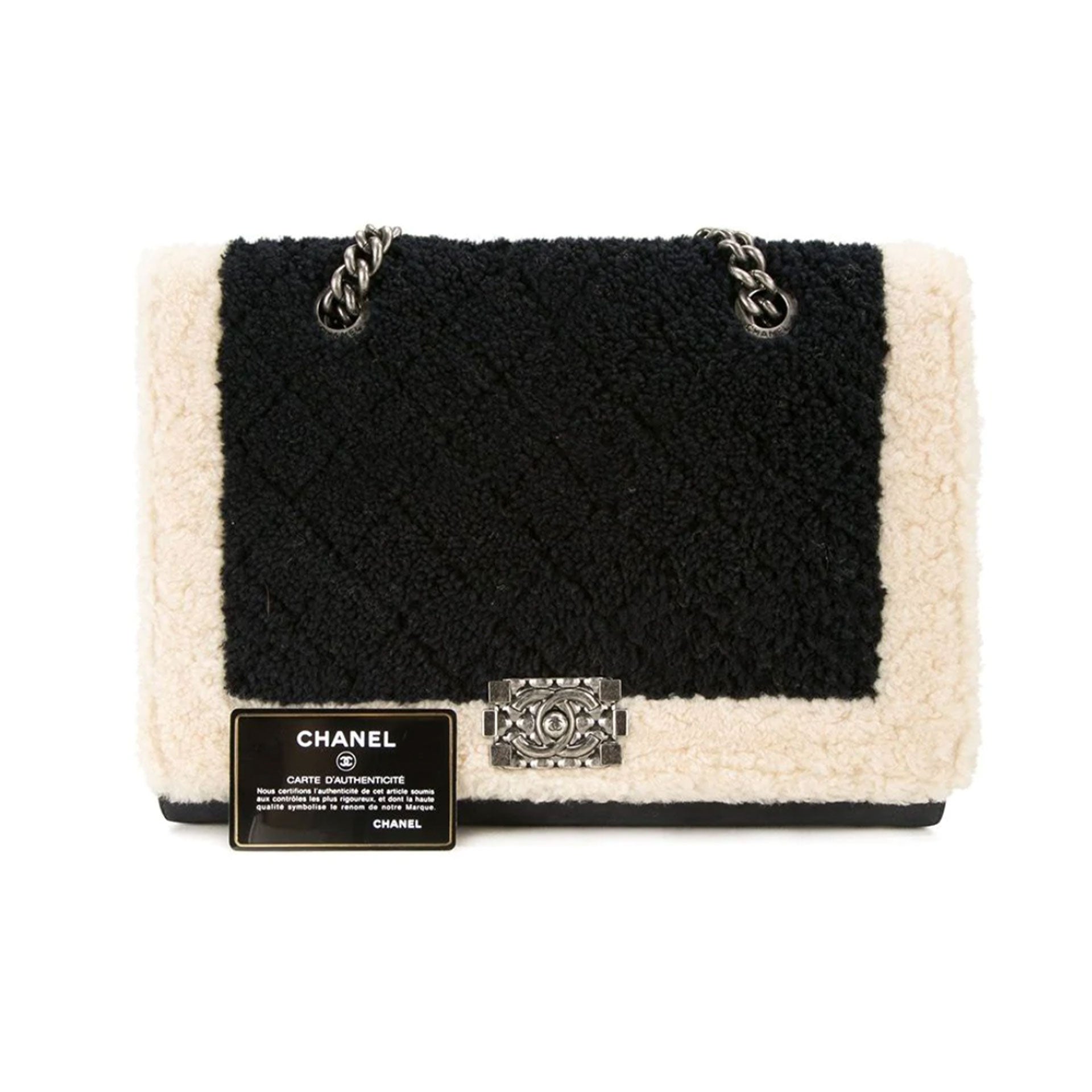 Chanel Black Ivory White Shearling & Lambskin Boy Bag