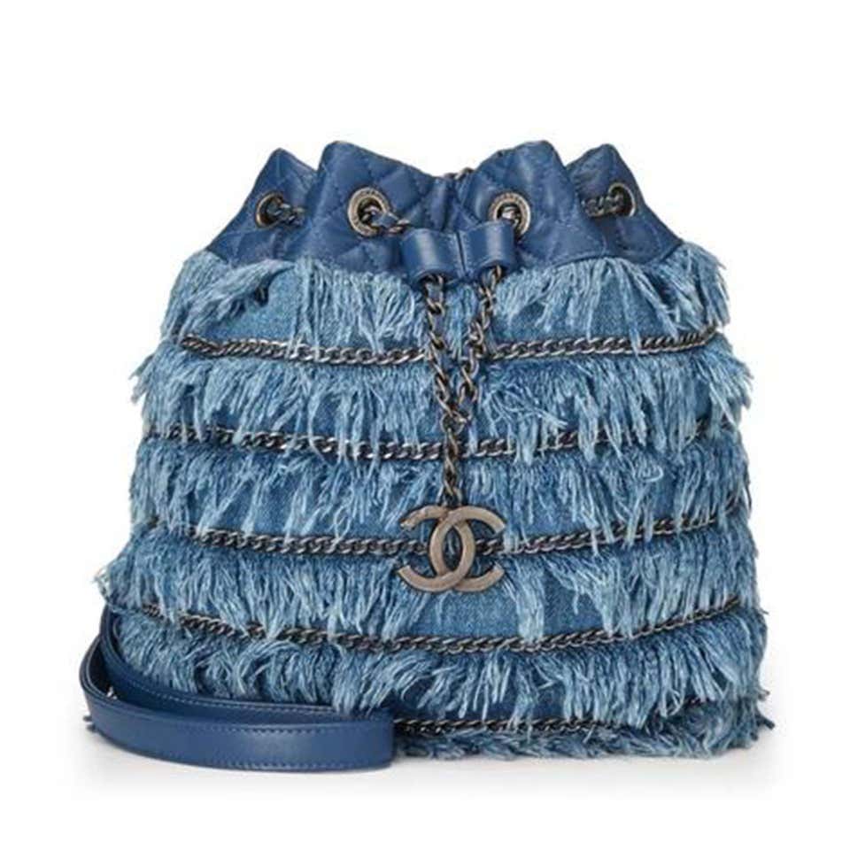 Chanel Drawstring Bucket Cruise 2015 Tweed Fringe & Lambskin Mini Blue Denim Shoulder Bag