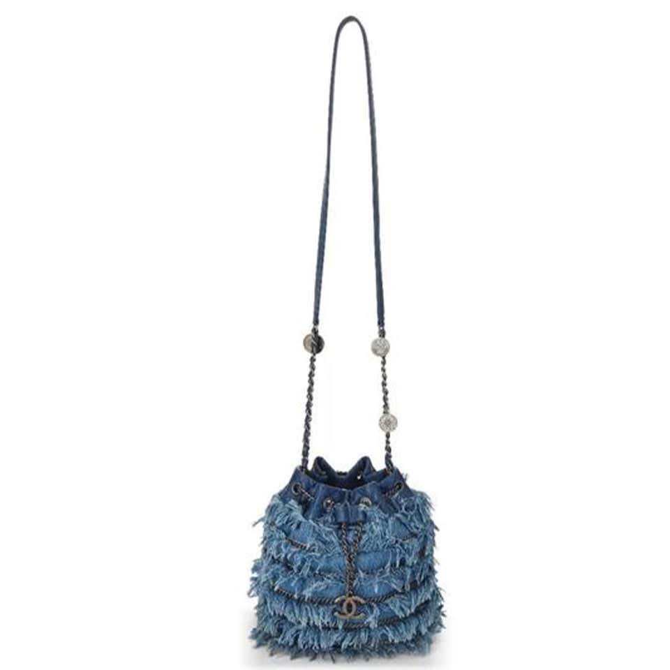 Chanel Drawstring Bucket Cruise 2015 Tweed Fringe & Lambskin Mini Blue Denim Shoulder Bag