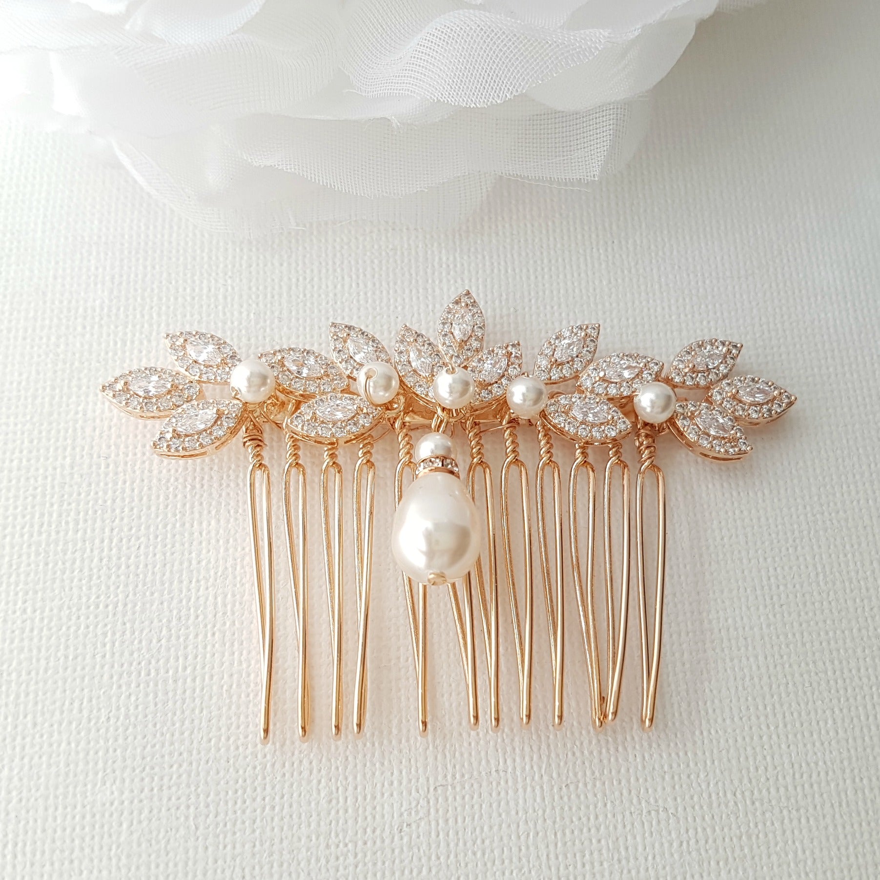 Gold Hair Comb for Weddings with Pearl & Crystals-Abby