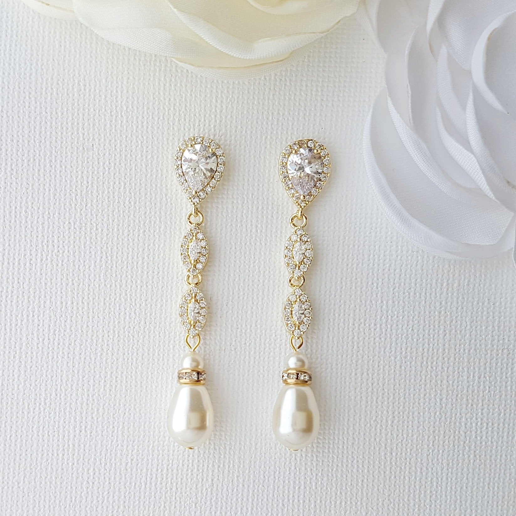 Slim Long Silver Pearl Earrings-Abby