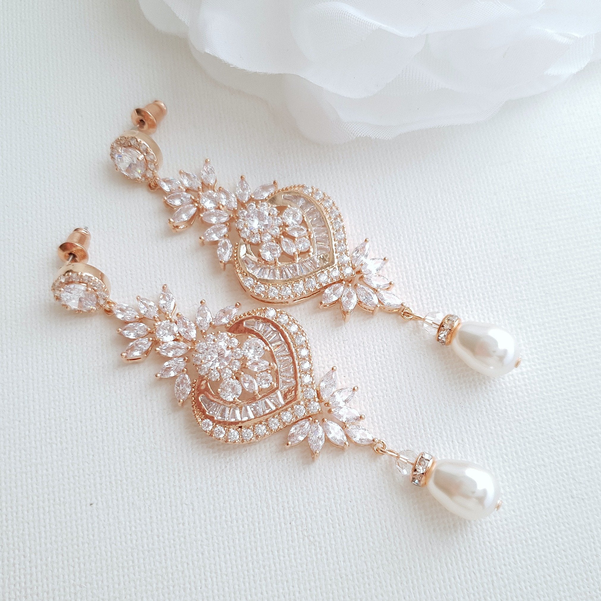Long Rose Gold Chandelier Wedding Earrings-Rosa