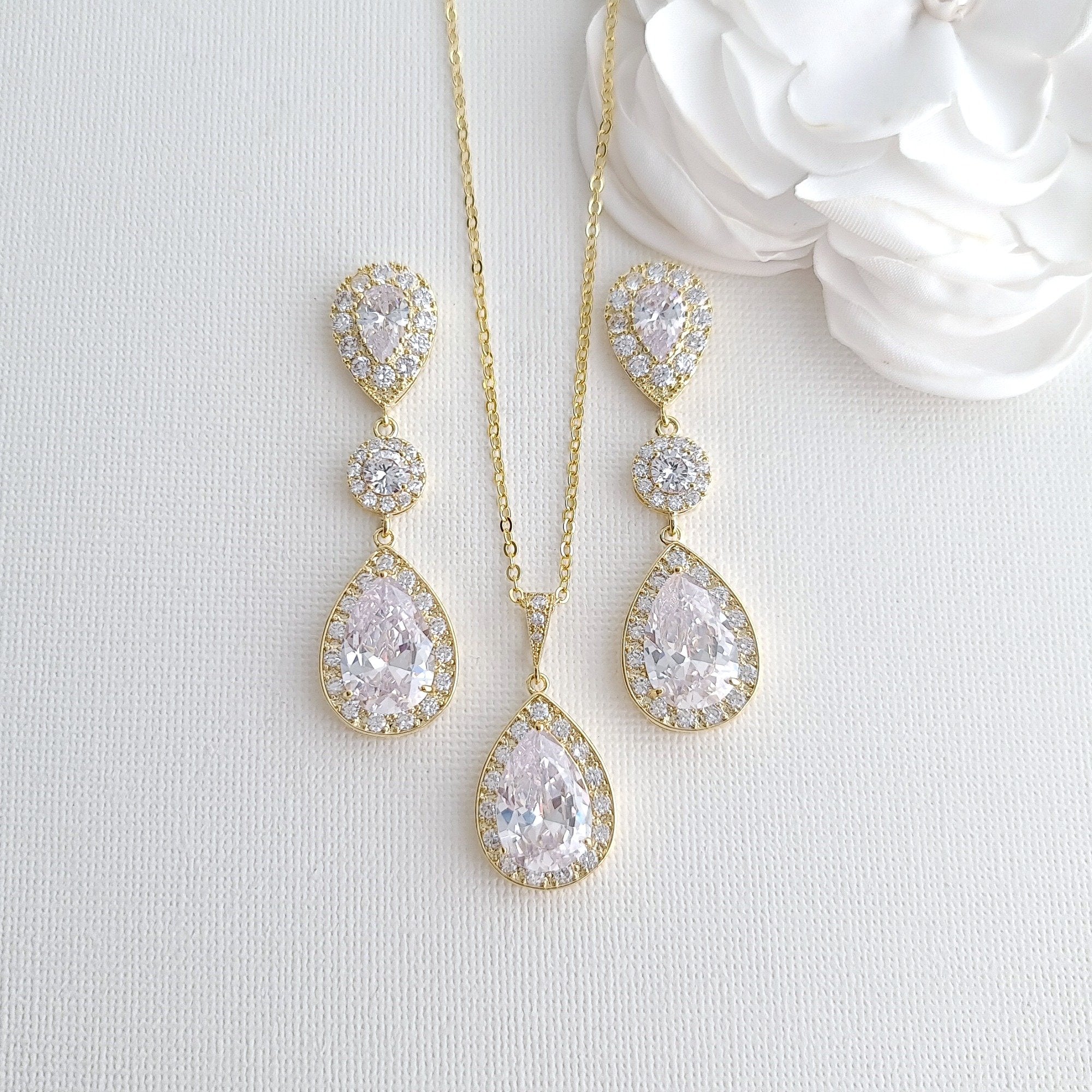 Simple Cubic Zirconia Necklace Set with Long CZ Earrings for Wedding- Penelope