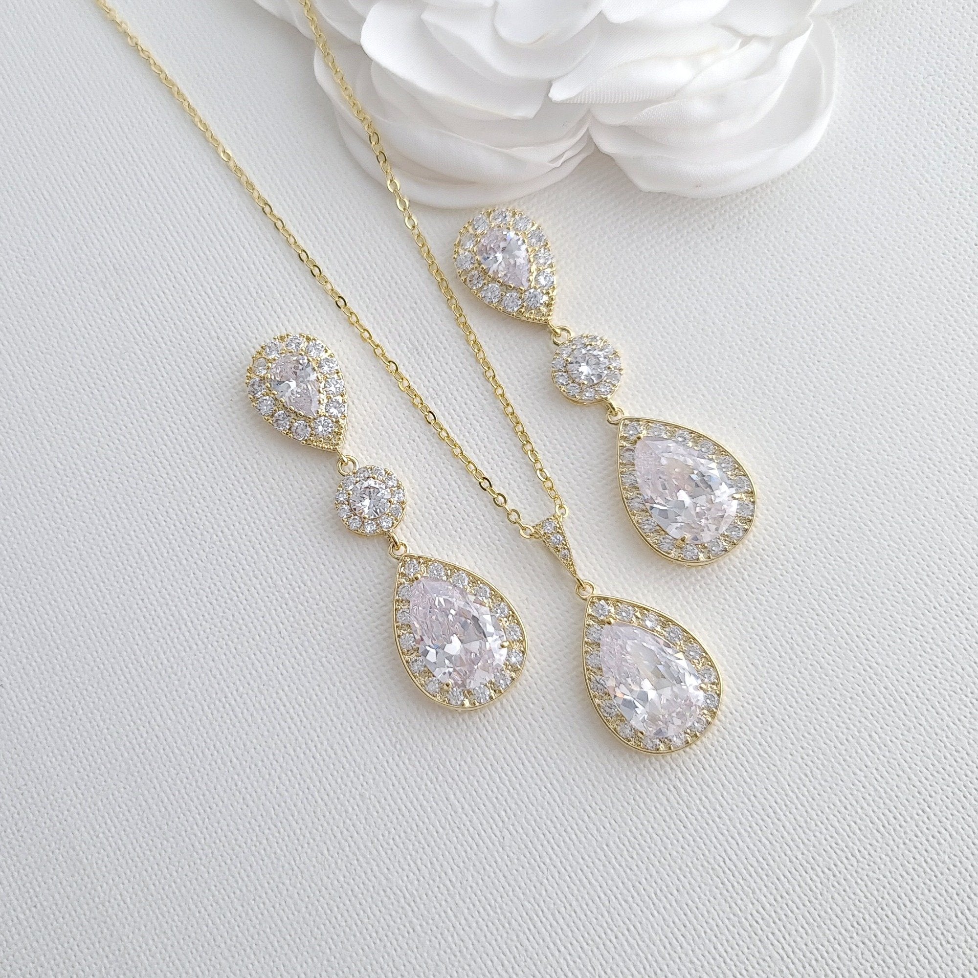 Simple Cubic Zirconia Necklace Set with Long CZ Earrings for Wedding- Penelope