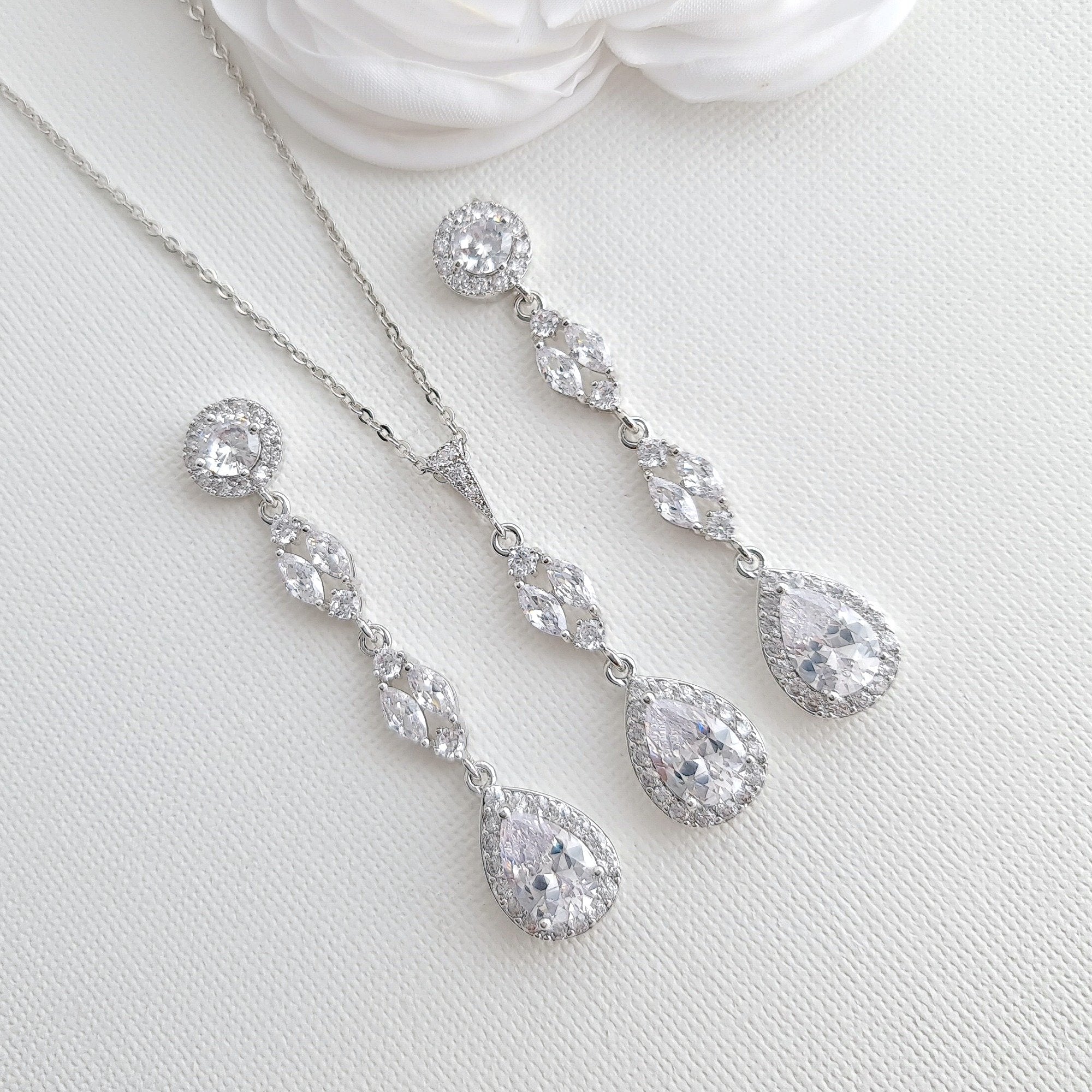 Long Earrings Drop Necklace & Bracelet Bridal Jewelry Set- Hayley