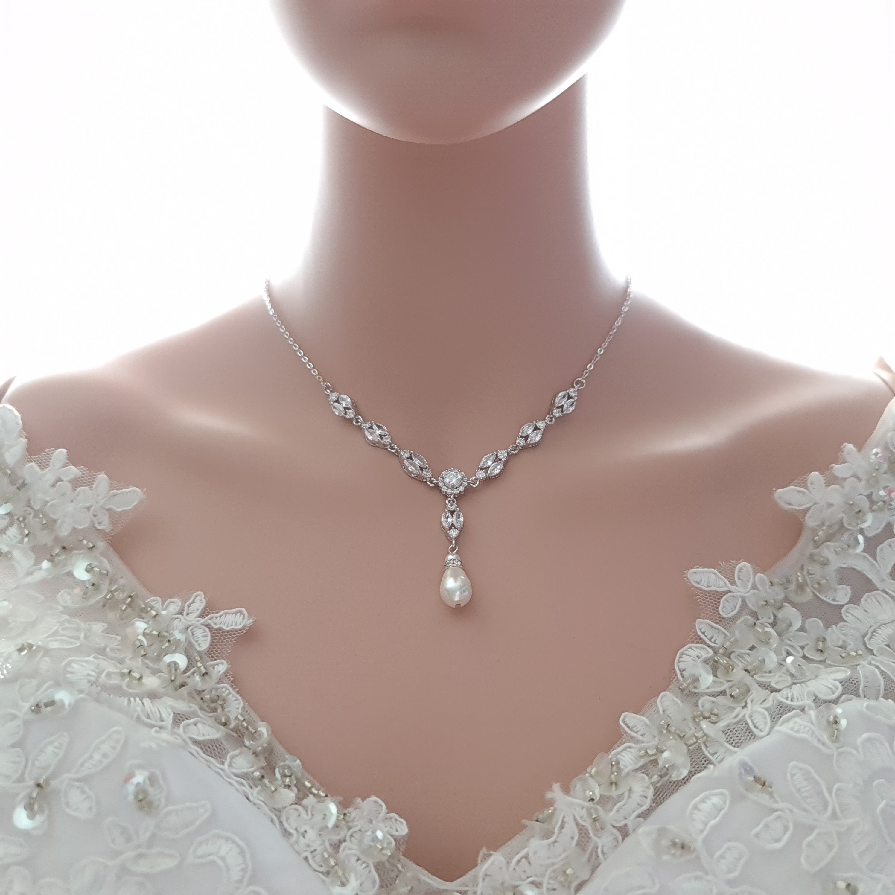 Gold Wedding Necklace With Backdrop in Pearls and Crystals-Hayley