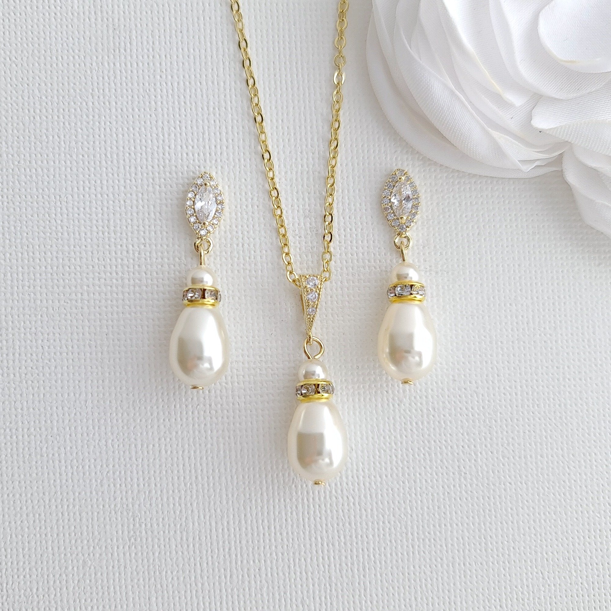 Pearl Jewelry Set with Teardrop Pearl Pendant and Earrings for Brides- Ella