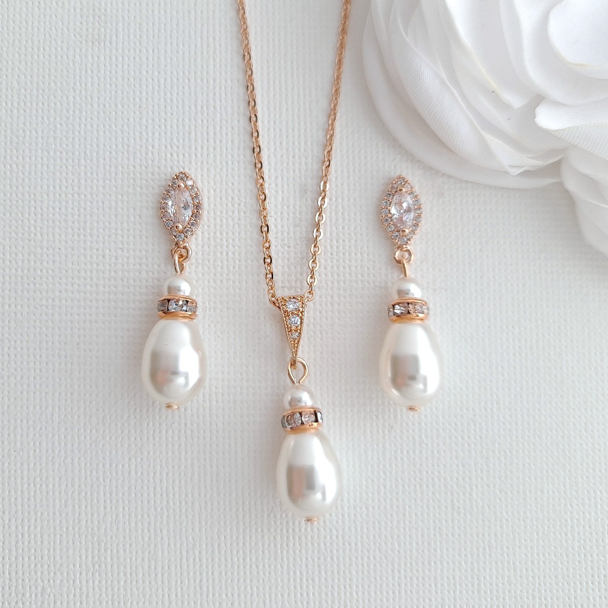 Pearl Jewelry Set with Teardrop Pearl Pendant and Earrings for Brides- Ella