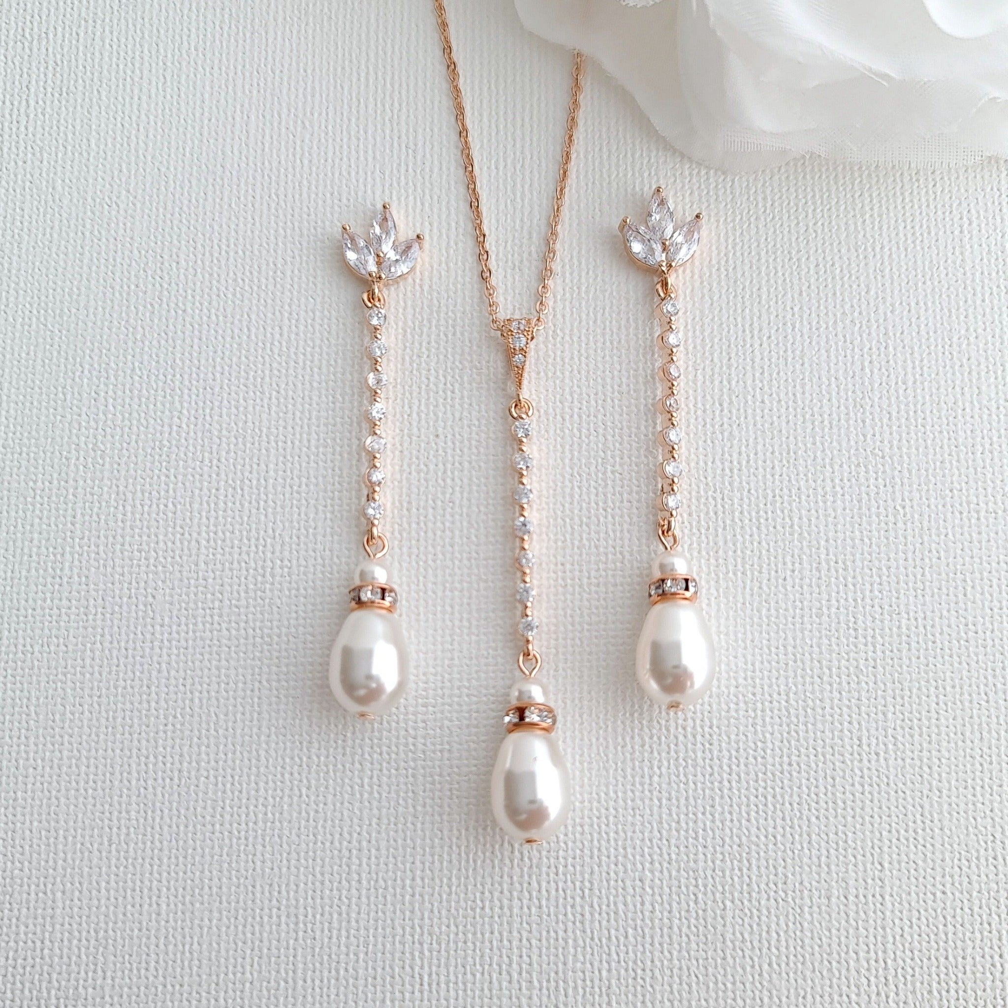 Long Pearl Drop Earrings and Necklace Set- Jodi