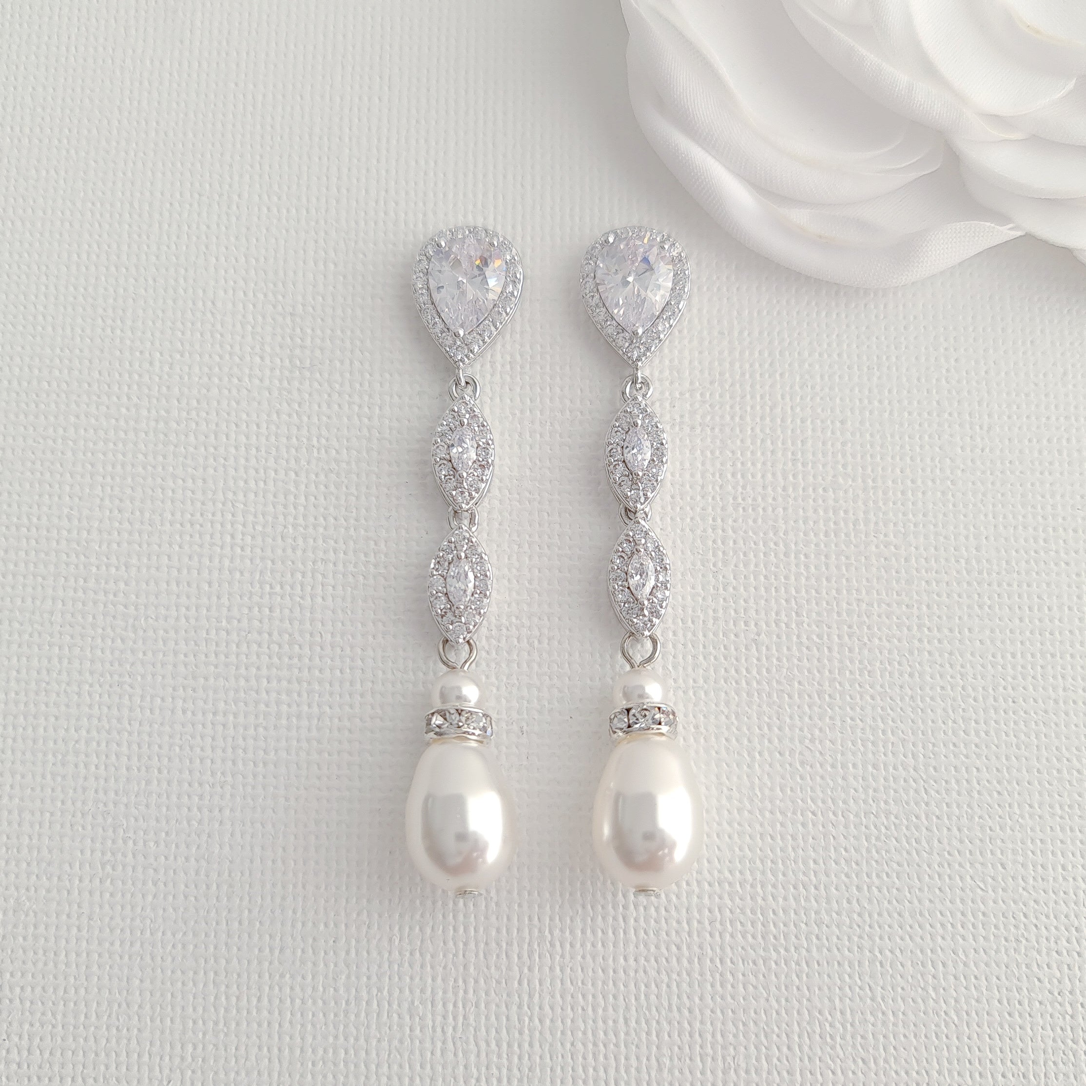 Slim Long Silver Pearl Earrings-Abby