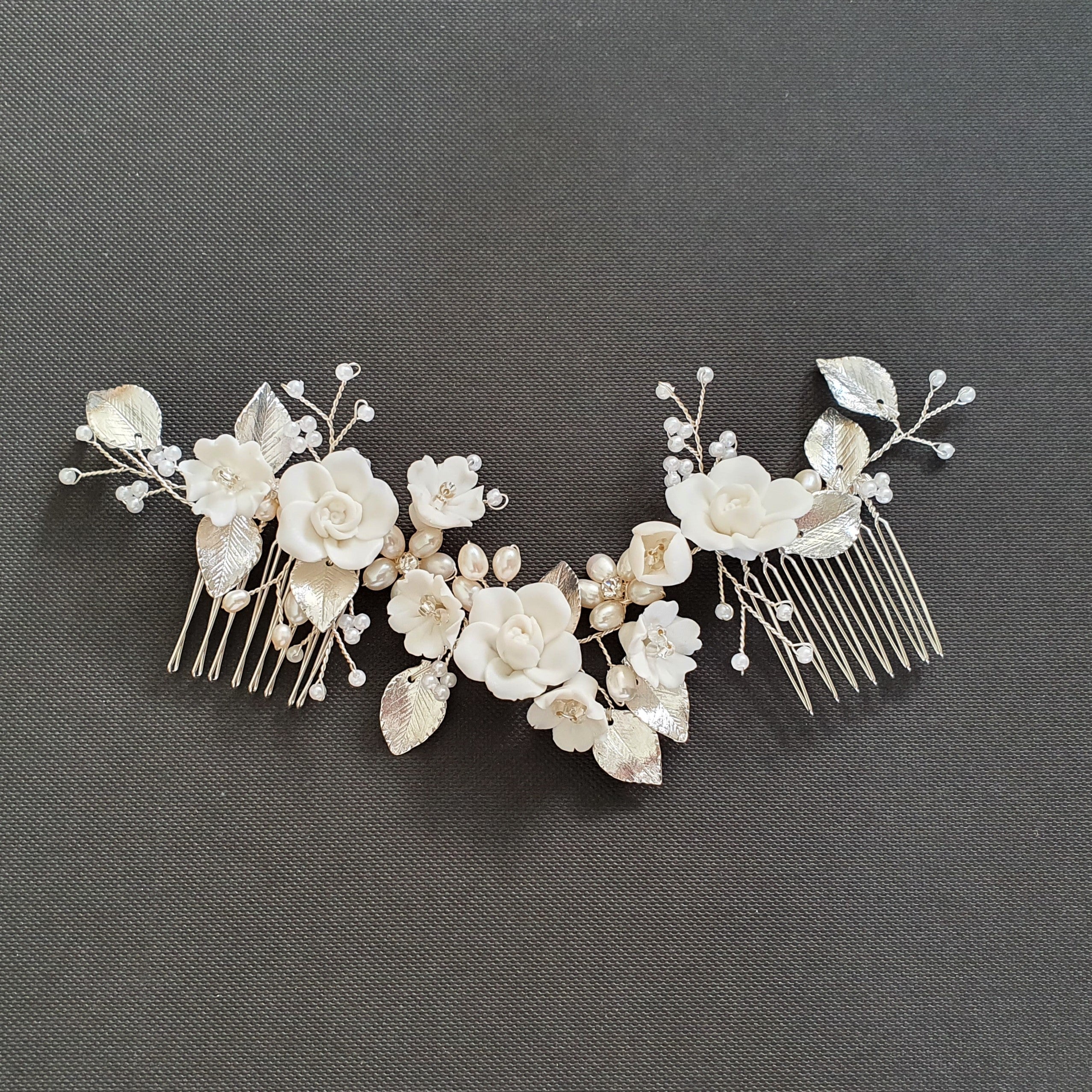 Double Comb Bridal Hairpiece with White Flowers-Blossom