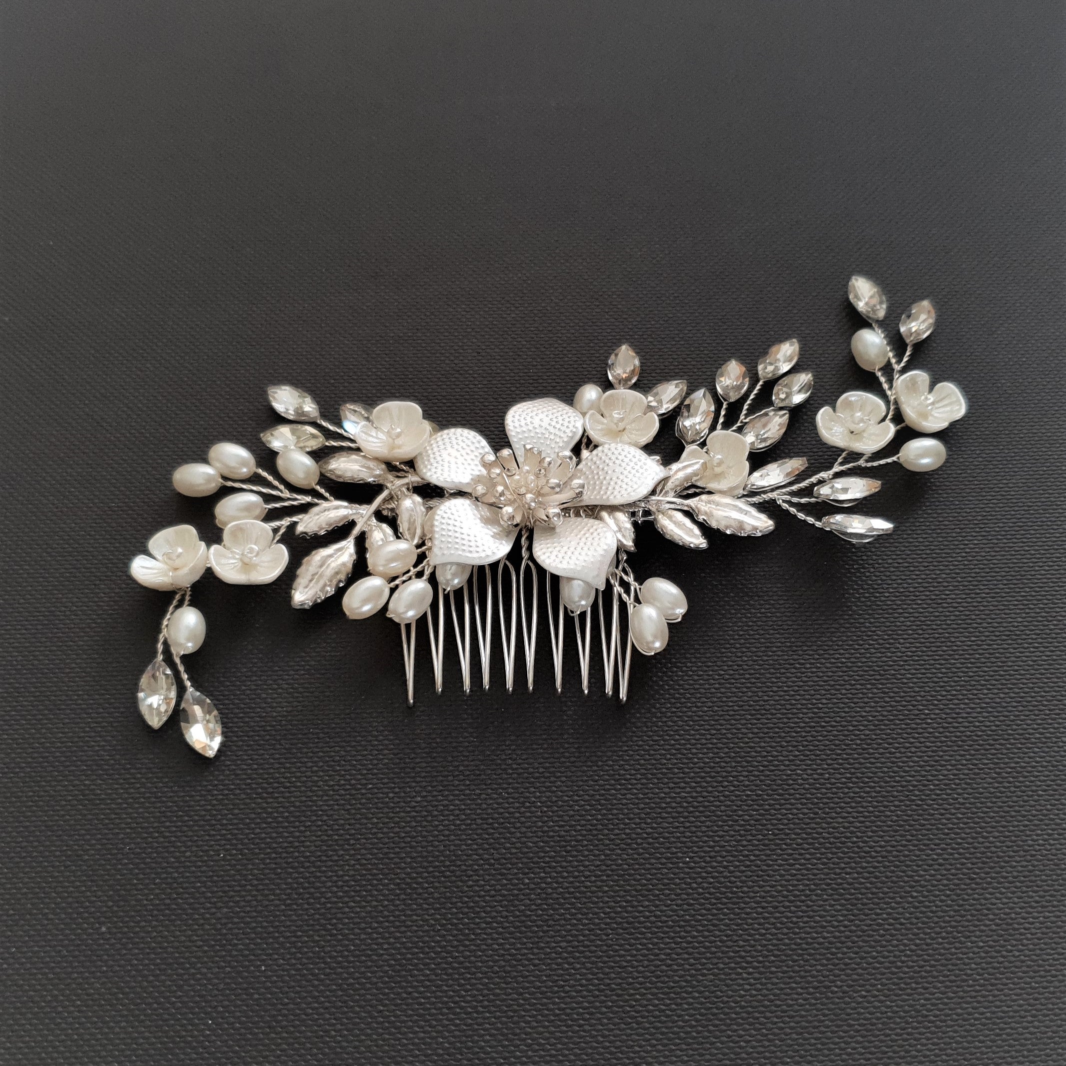 Silver Flower Wedding Hair Piece-Freya