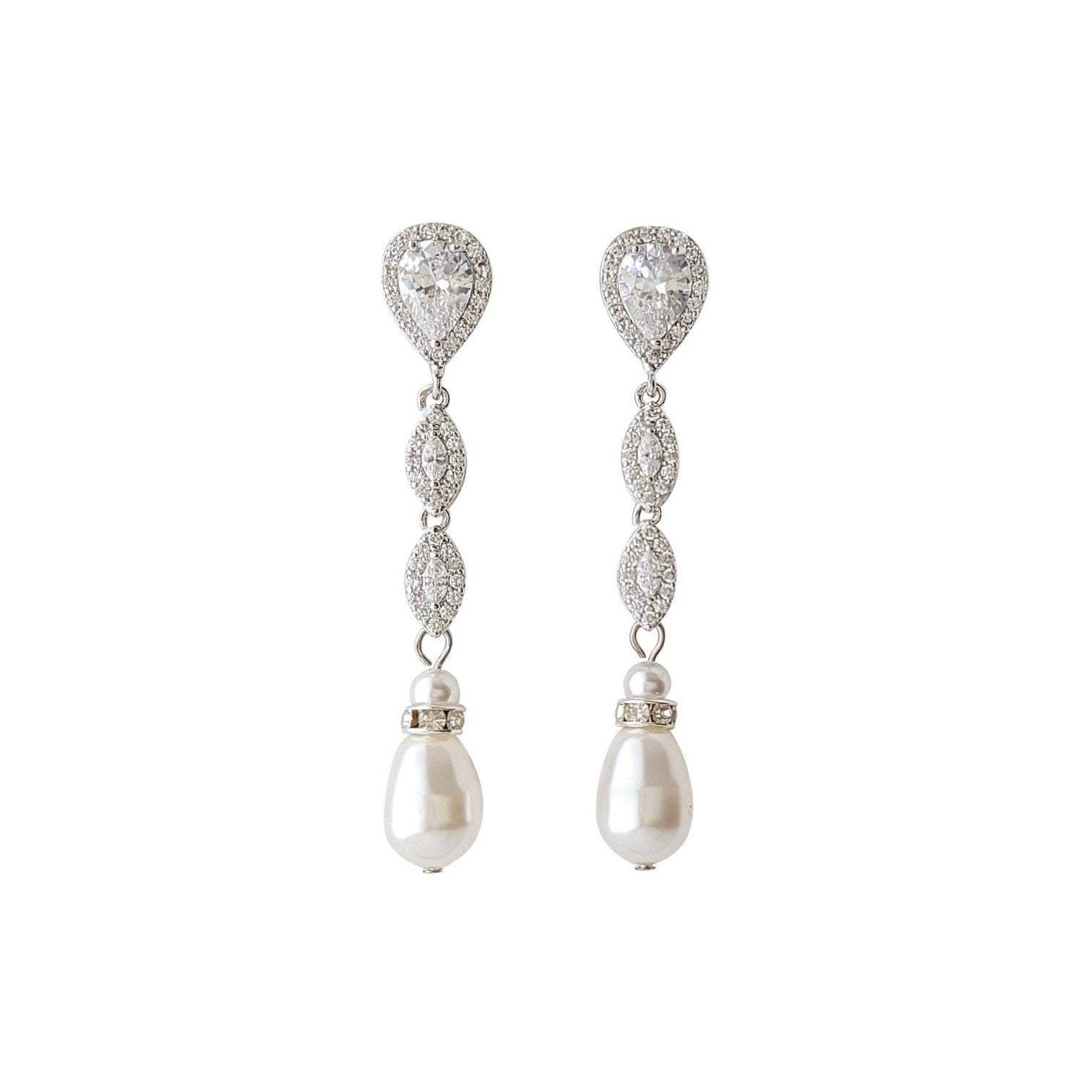 Slim Long Silver Pearl Earrings-Abby