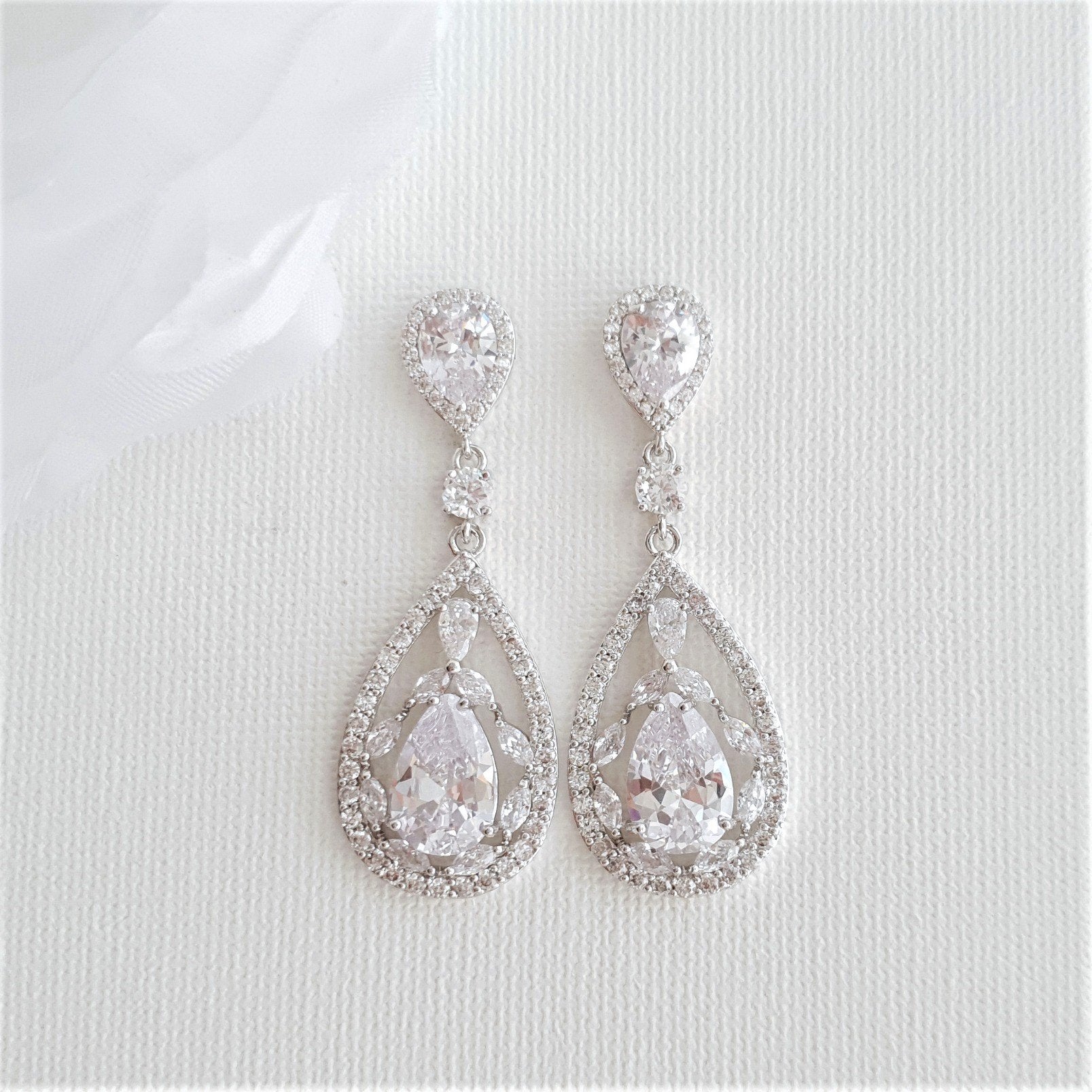 Yellow Gold Bridal Earrings in Cubic Zirconia for Brides-Esther