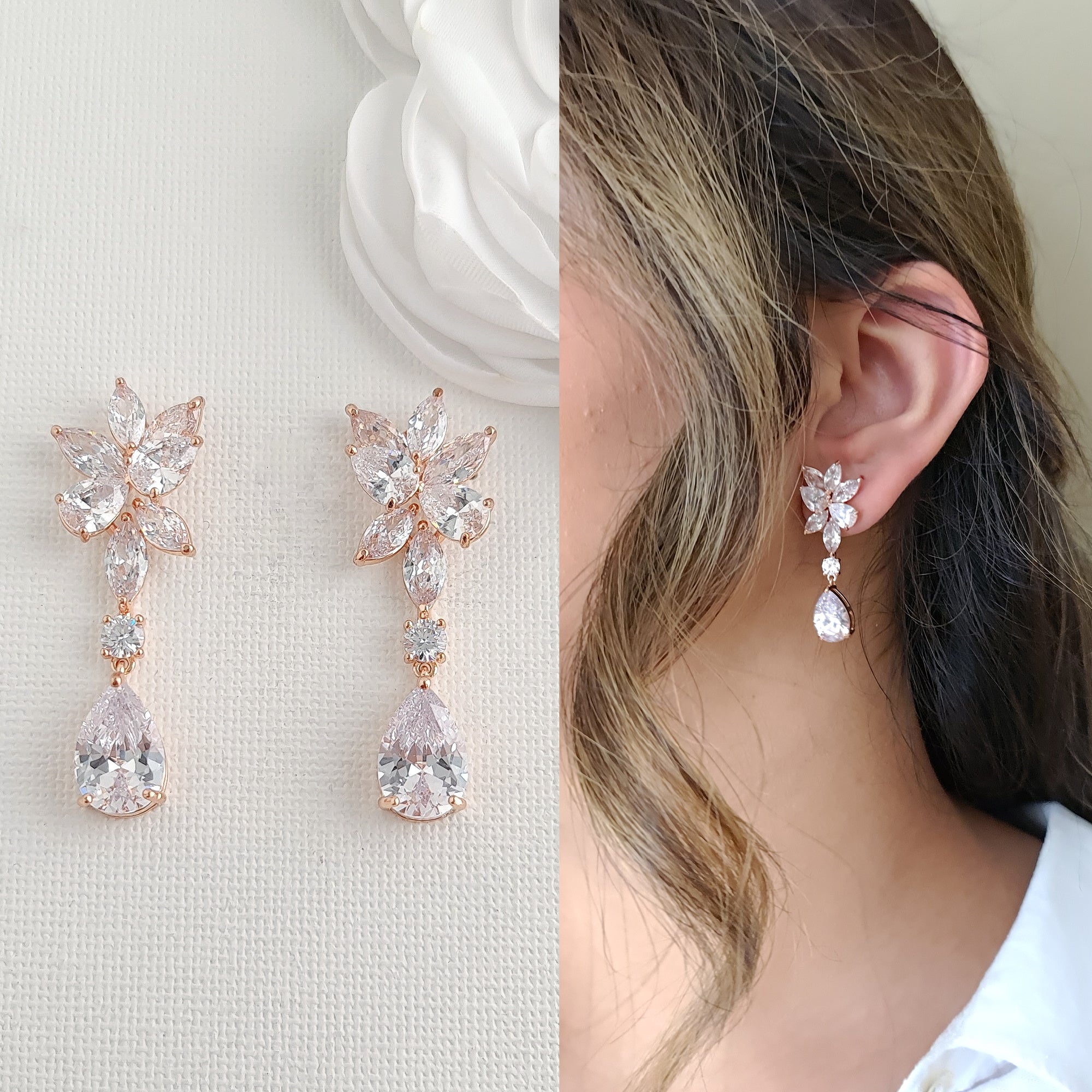 Gold Floral Bridal Earrings with Teardrops-Ivy