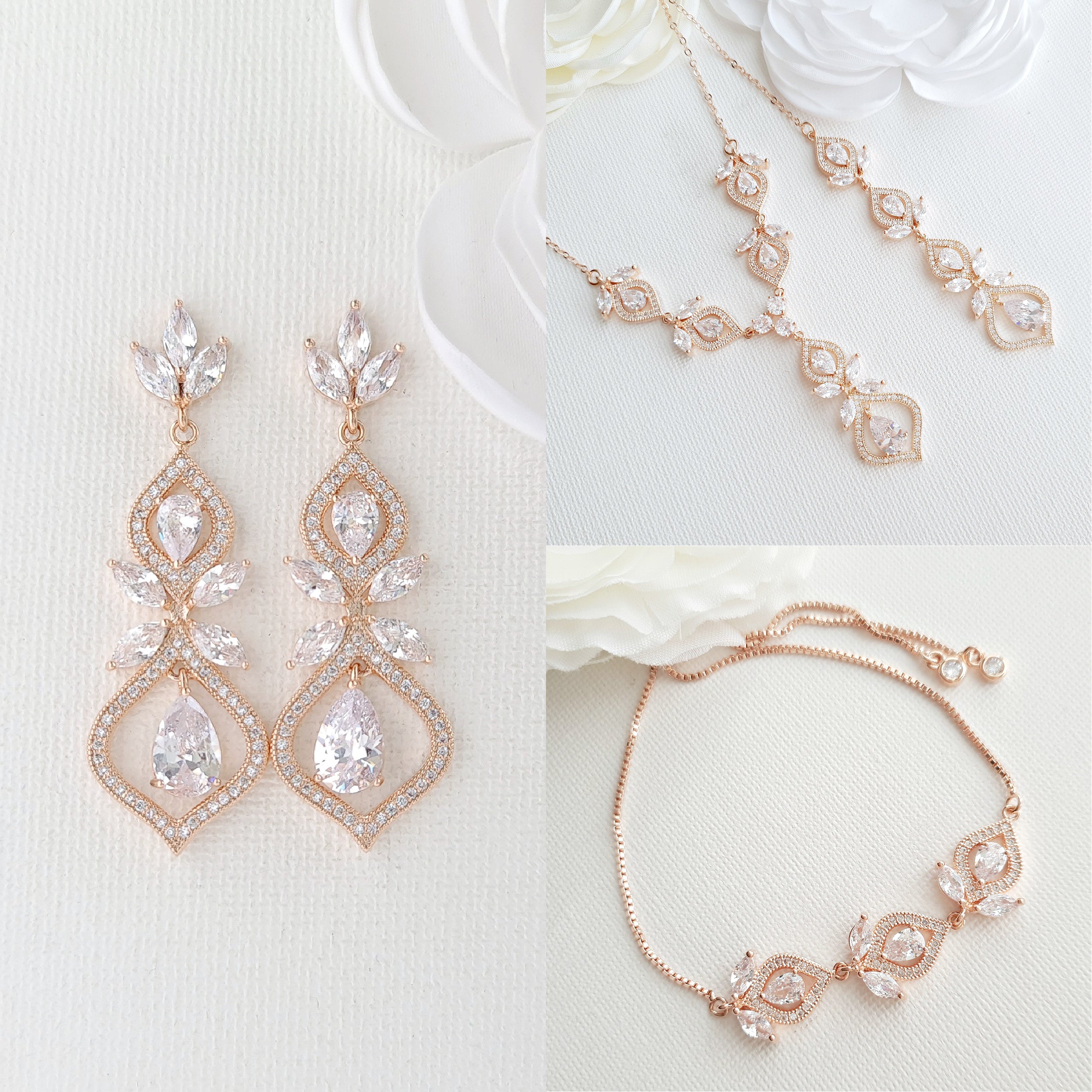 Rose Gold Bridal Back Jewelry Set with Drop Earrings Slider Bracelet Backdrop Necklace- Meghan