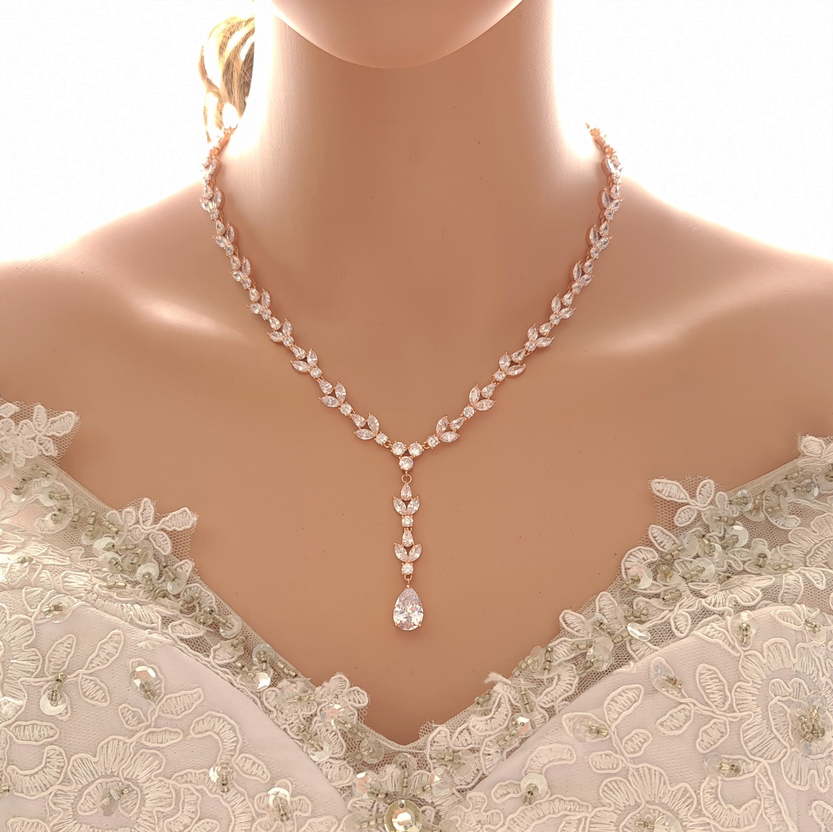 Rose Gold Statement Necklace with Simple Backdrop for Weddings- Anya