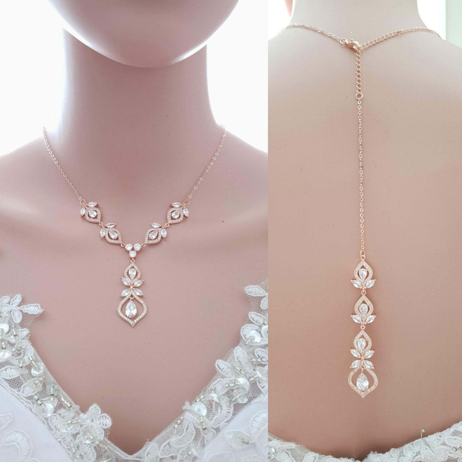 Rose Gold Bridal Back Jewelry Set with Drop Earrings Slider Bracelet Backdrop Necklace- Meghan