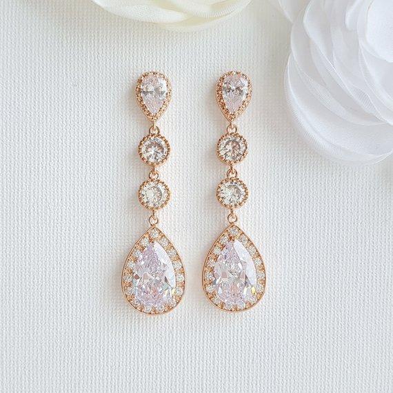 Rose Gold Long Drop Wedding Earrings-Evana