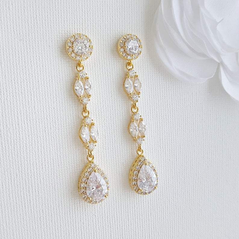 Long Earrings Drop Necklace & Bracelet Bridal Jewelry Set- Hayley