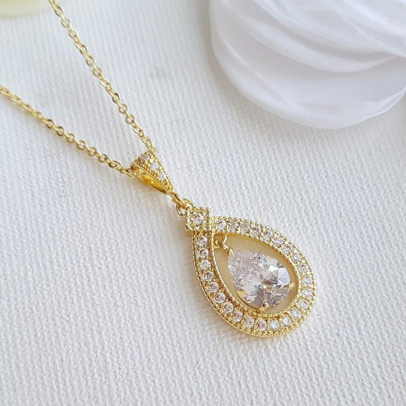 Teardrop Shape Rose Gold & Cubic Zirconia Wedding Necklace -Sarah