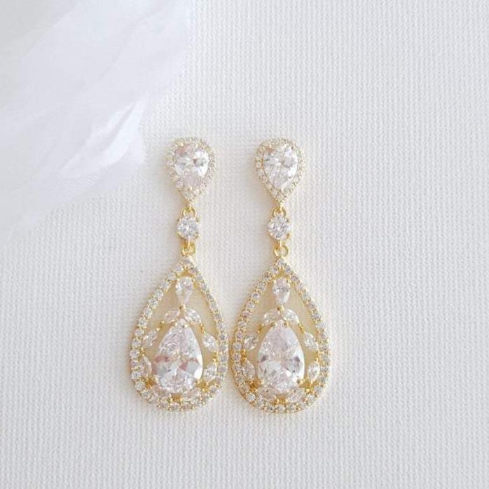 Yellow Gold Bridal Earrings in Cubic Zirconia for Brides-Esther