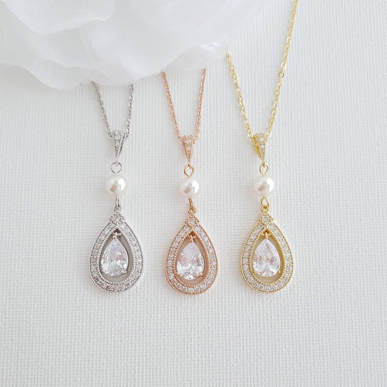 Teardrop Shape Rose Gold & Cubic Zirconia Wedding Necklace -Sarah