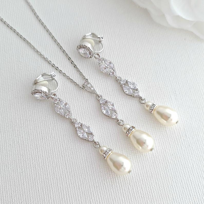 Long Clip on Earrings and Necklace Set for Weddings-Hayley