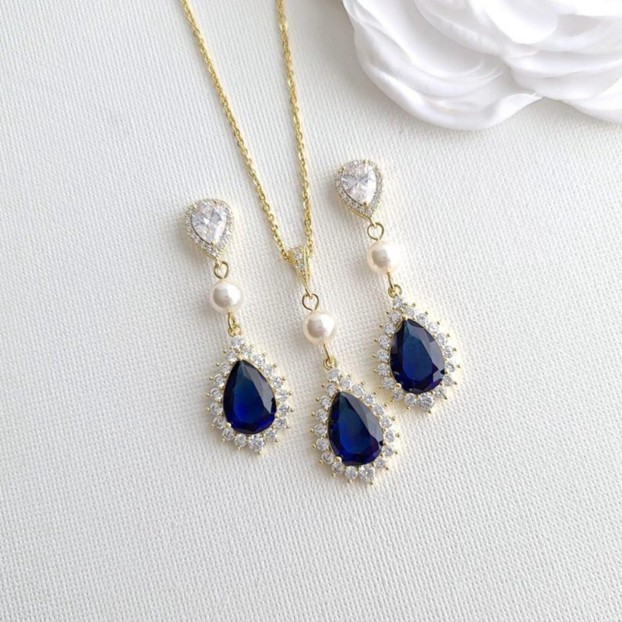 Pearl and Crystal Blue Wedding Jewelry Set for Brides-Aoi