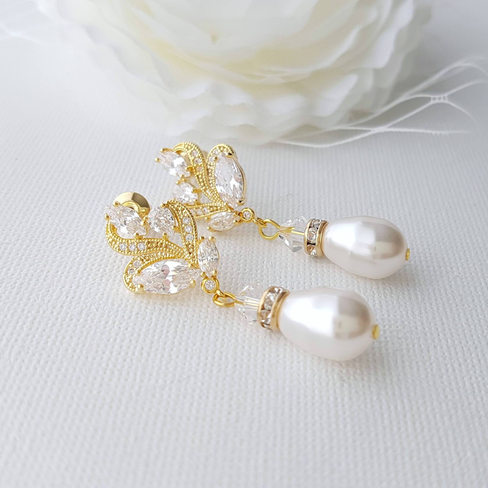 Rose Gold Bridal Earrings With Pearl Drops-Wavy